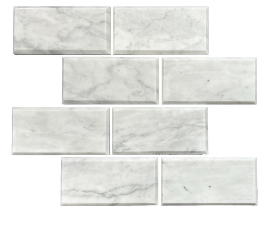 BEVELED SUBWAY CARRARA HONED CHIP SIZE 150X75X10MM SHEET SIZE 302X306X10MM - BEVELED SUBWAY CARRARA HONED 150X75 -02