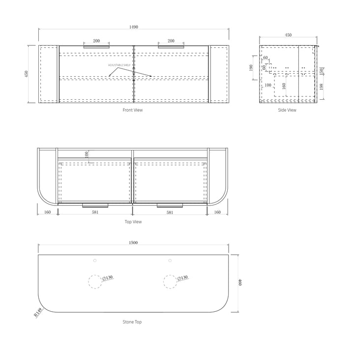 Bondi 1500mm Natural Oak Wall Hung Curve Cabinet