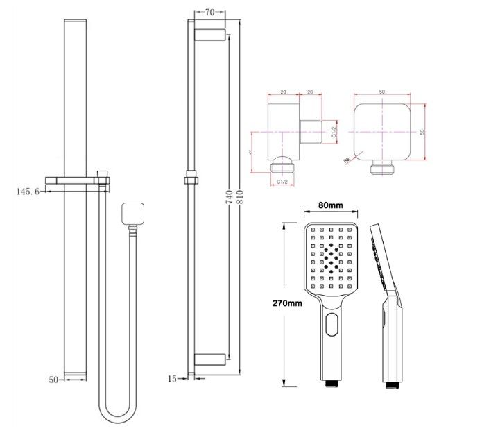 Square Black Sliding Shower Rail with 3 Mode Handheld Shower Wall Connector Set