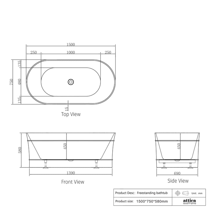 Attica Bondi 1500 Gloss White Bath