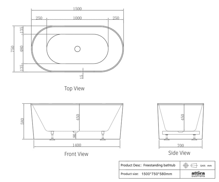 Attica Noosa 1500 Gloss White Bath