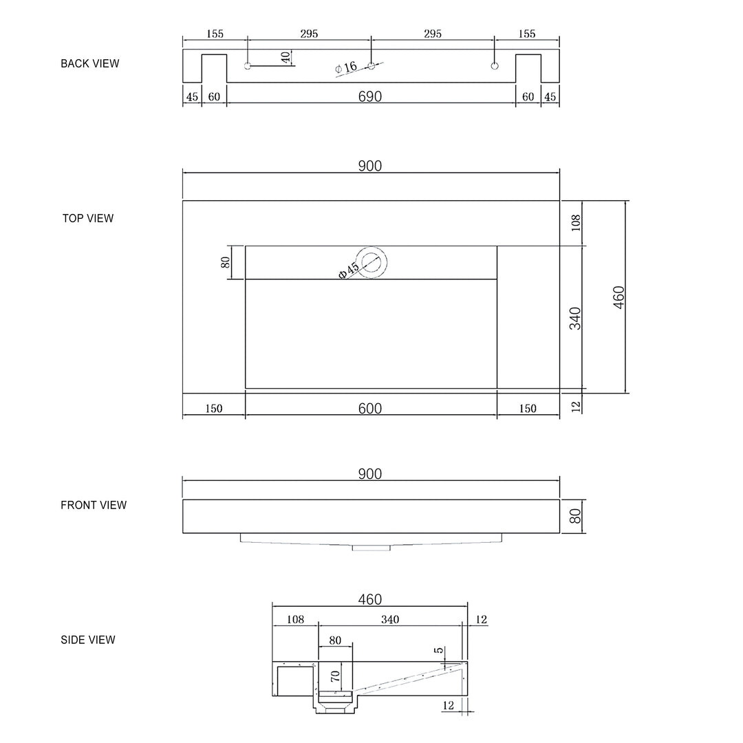 Moonlight 900mm Solid Surface Top