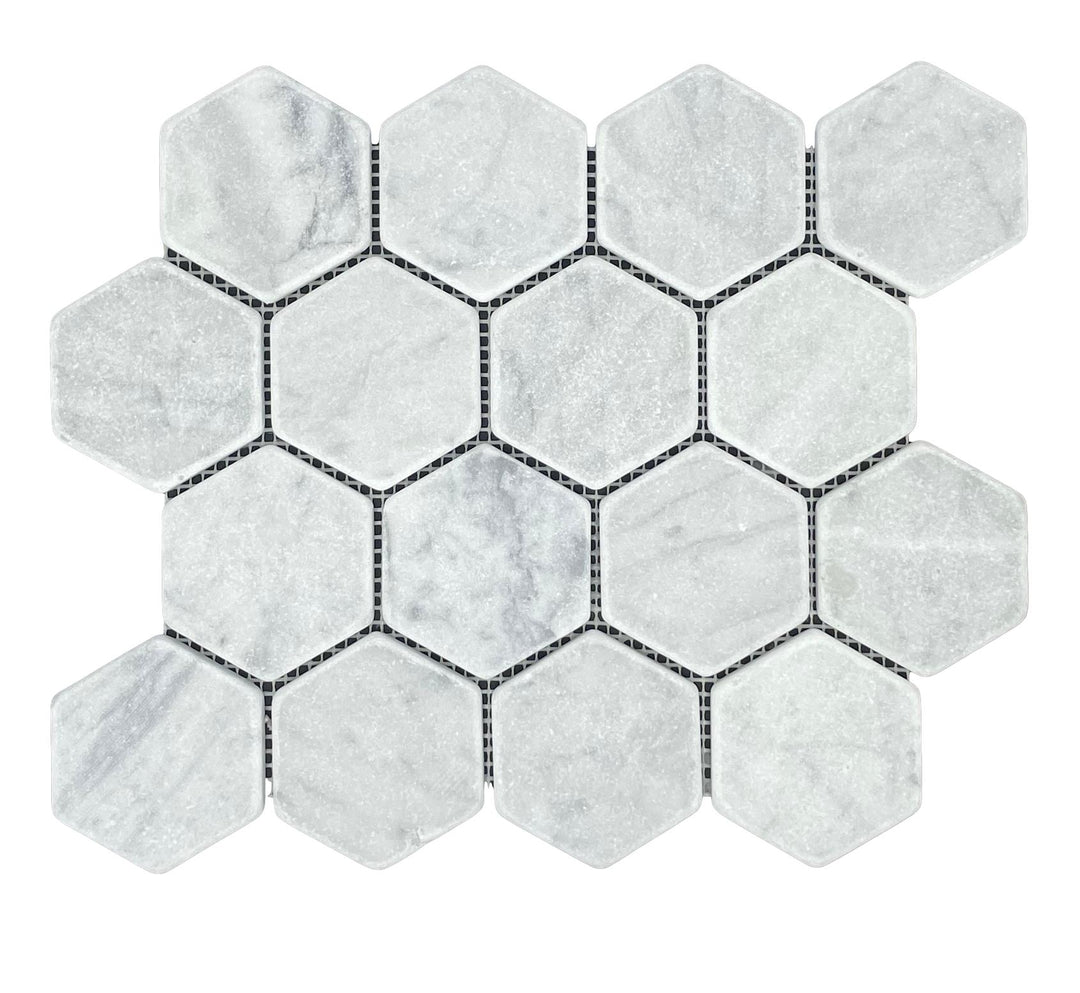 HEXAGON CARRARA TUMBLED CHIP SIZE 73X80 SHEET SIZE 298X256X10MM - 73HEXCART