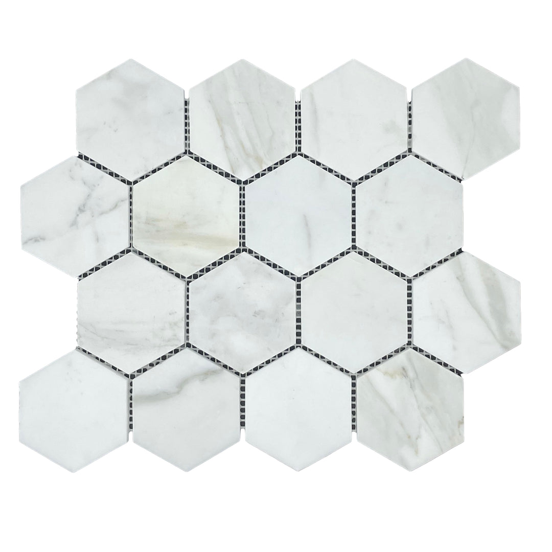 HEXAGON CALACATTA HONED CHIP SIZE 70X80X7MM SHEET SIZE 289X250 - 70HEXCALH -05