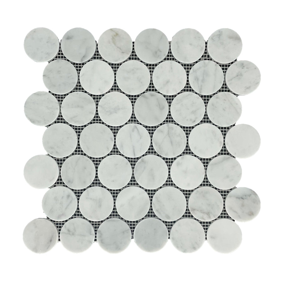 PENNY ROUND CARRARA HONED CHIP SIZE 48MM SHEET SIZE 298X305X7MM - PENNY CARRARA HONED 48 -04