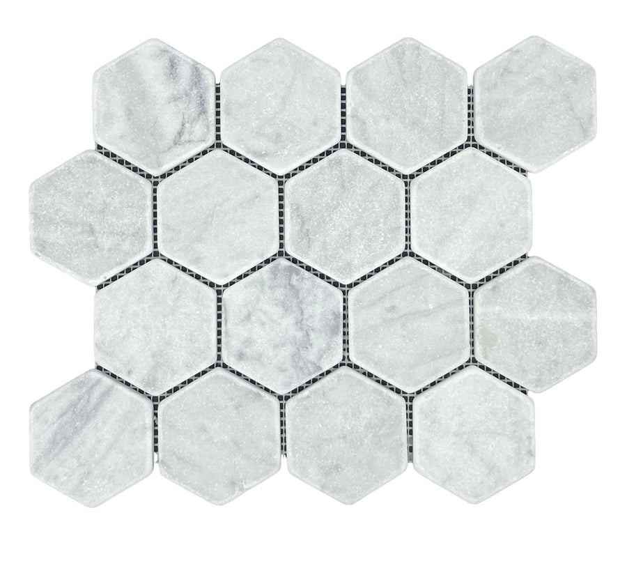 HEXAGON CARRARA TUMBLED CHIP SIZE 70X80 SHEET SIZE289X250 13.84 SHEETS/M2 - 70HEXCART