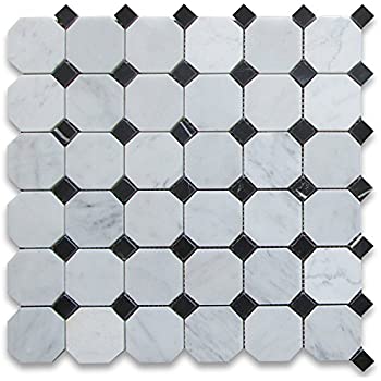 CARRARA OCTAGON + BLACK DOT TUMBLED CHIP SIZE 48X48X7MM DOT SIZE 15X15X7MM SHEET SIZE 305X305X7MM 10.75SH/M2 - OCTAGON CARRARA TUMBLED -01