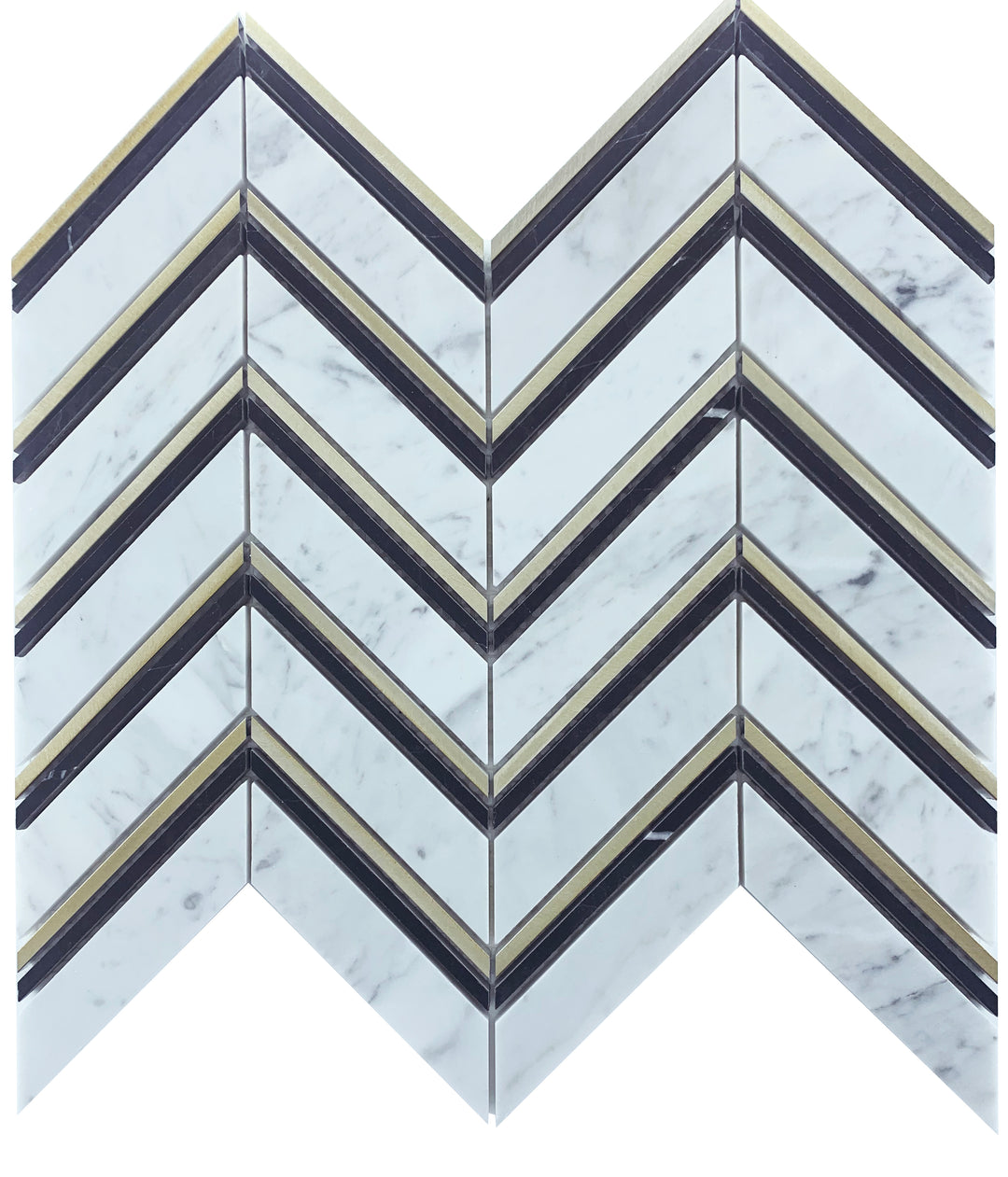 CHEVRON CARRARA + NERO + GOLD HONED SHEET SIZE 302X300X8MM - CHEVRON CARRARA+NERO+GOLD -02