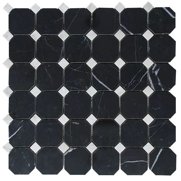 NERO OCTAGON + CARRARA DOT CHIP SIZE 48X48X7MM DOT SIZE 15MM SHEET SIZE 305X305X7MM - OCTAGON NERO