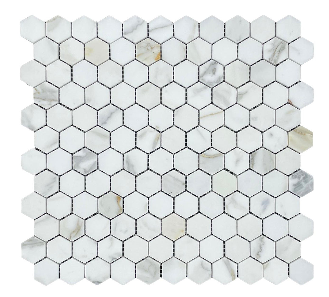 HEXAGON CALACATTA GOLD HONED CHIP SIZE 25x25x7MM SHEET SIZE 280x295MM 12 SHEETS/M2-25HEXCALH-2