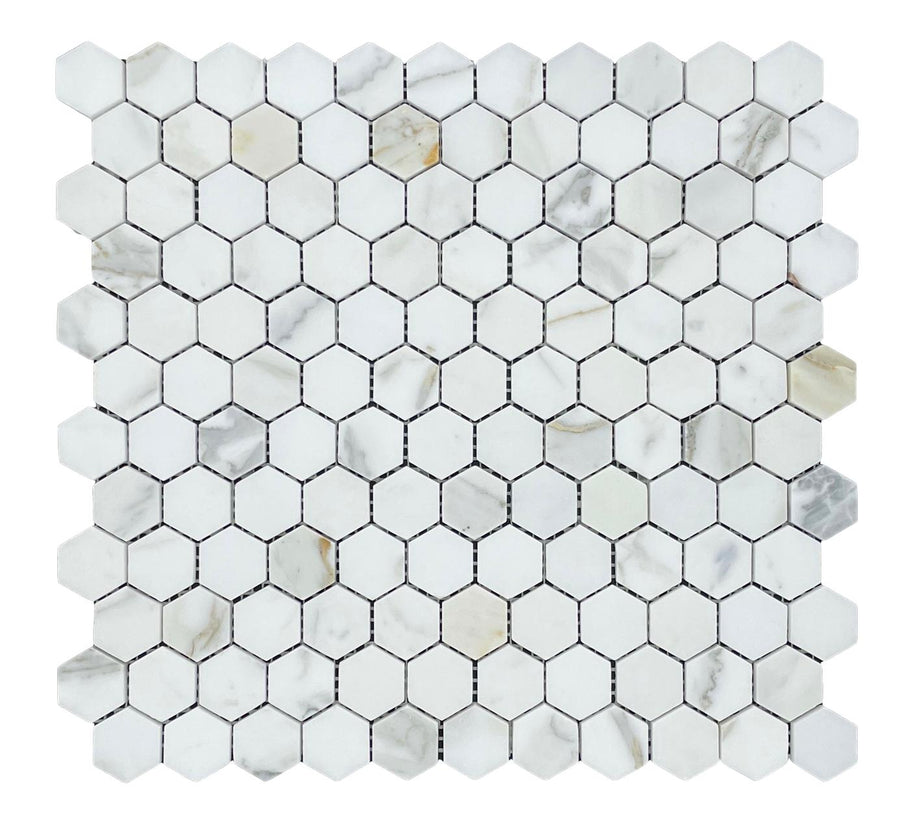 HEXAGON CALACATTA GOLD HONED CHIP SIZE 25x25x7MM SHEET SIZE 280x295MM 12 SHEETS/M2-25HEXCALH-2