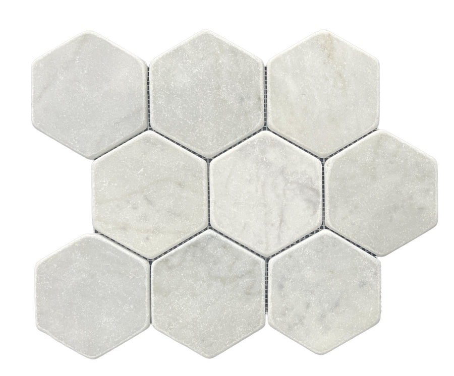 HEXAGON CARRARA TUMBLED CHIP SIZE 98MM SHEET SIZE 298X258X10MM - 98HEXCART -02