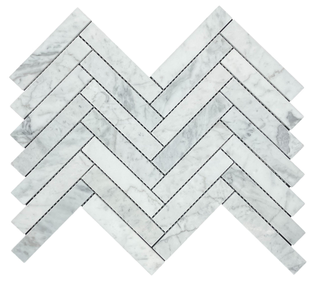 HERRINGBONE CARRARA HONED - CHIP SIZE 130X25X7MM SHEET SIZE 372X266X7