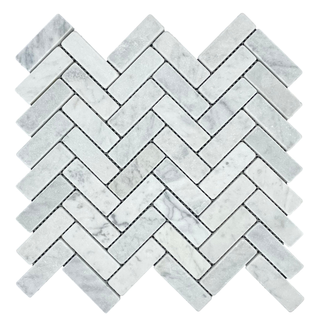 HERRINGBONE CARRARA TUMBLED CHIP SIZE 75X25X10MM SHEET SIZE 325X305 - 72HERCART -08