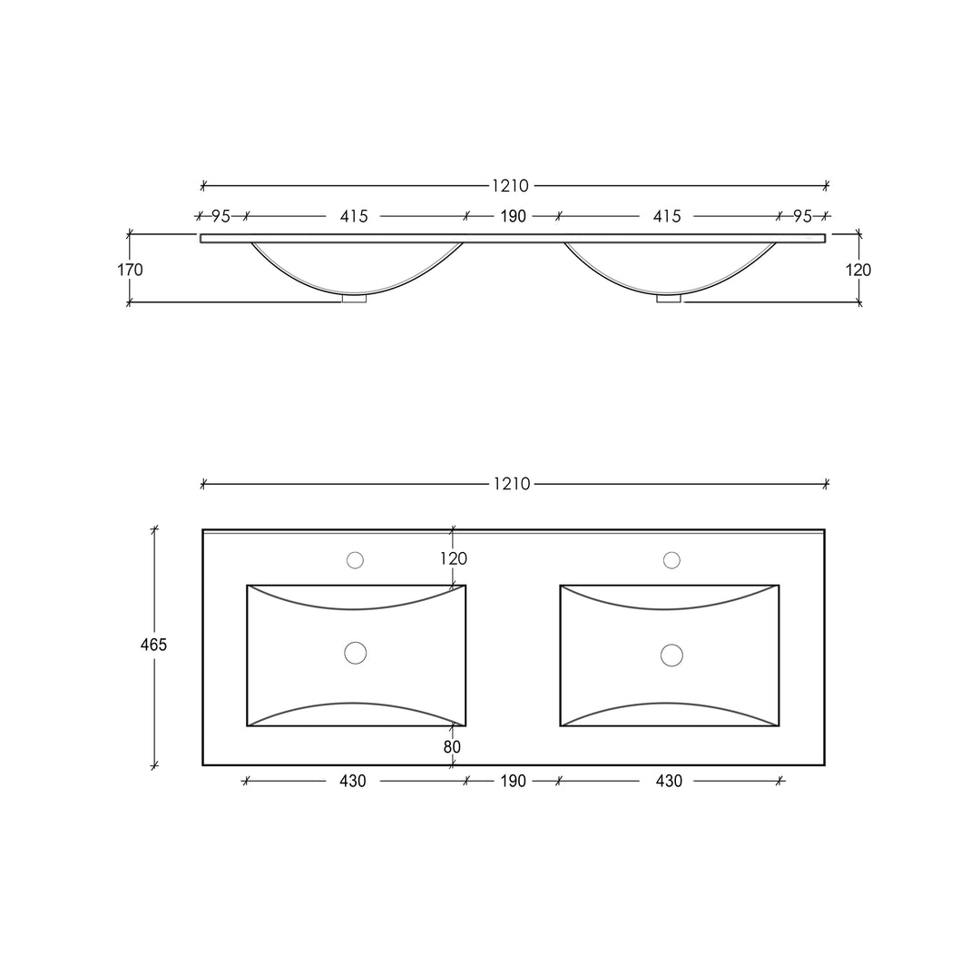 Slim Line Ceramic Top 1200x460x170 Double Bowl with Taphole & Overflow