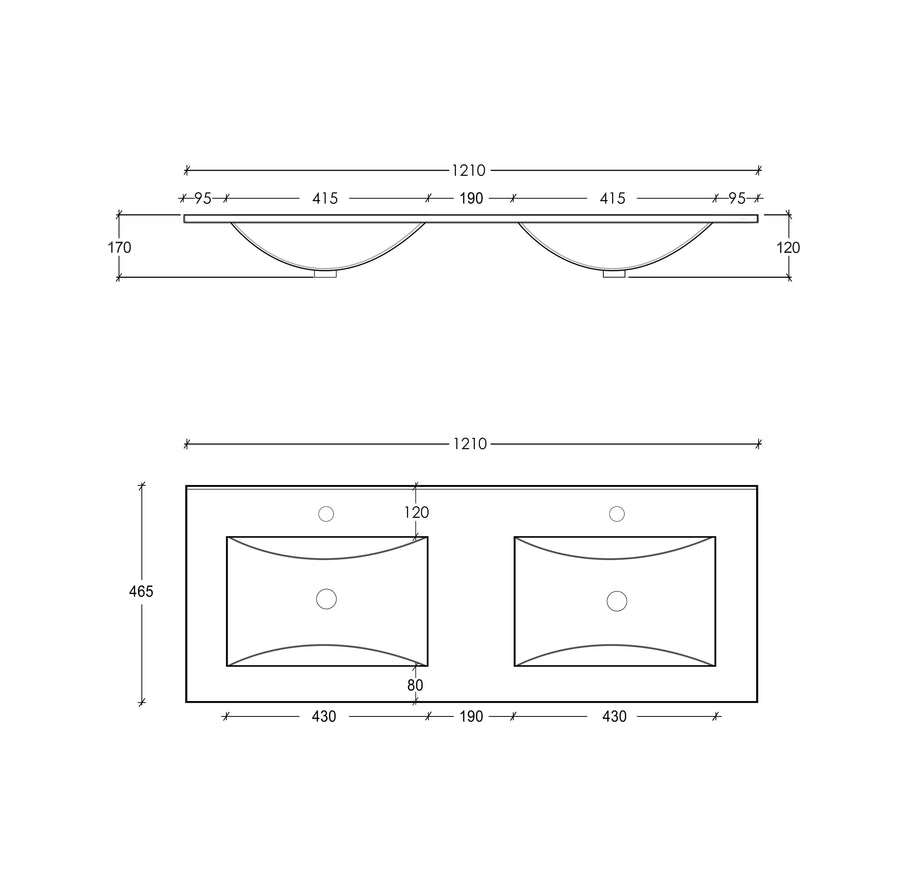 Slim Line Ceramic Top 1200x460x170 Double Bowl with Taphole & Overflow