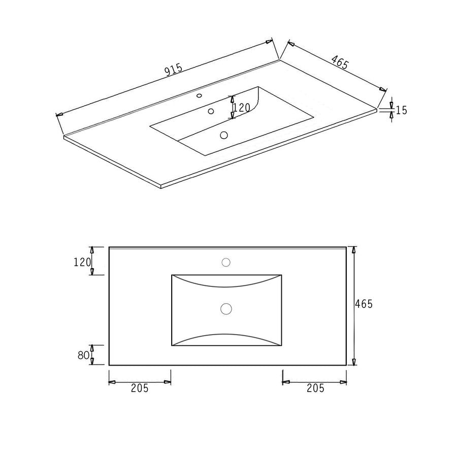 Slim Line Ceramic Top 900x460x170 with Taphole & Overflow