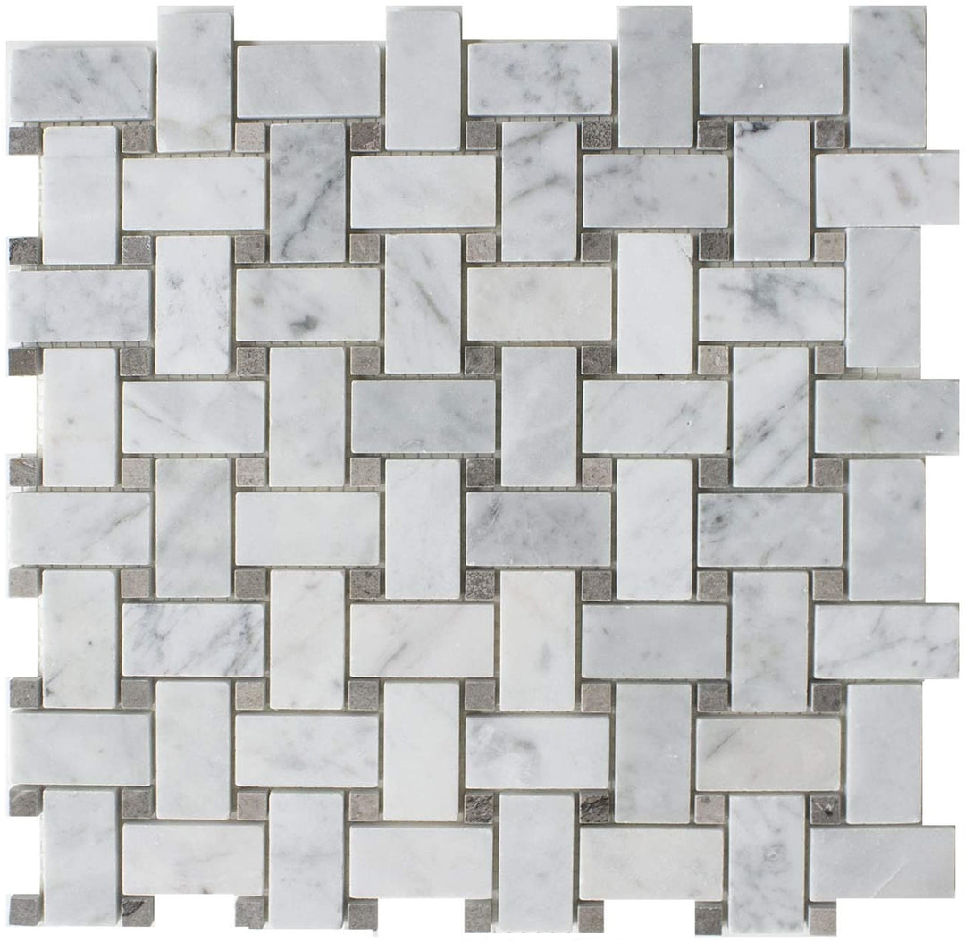 BASKETWEAVE CARRARA + CINDERELLA GREY HONED CHIP SIZE 25X48X7MM SHEET SIZE 305X305X7MM - BASKETWEAVE CARRARA + CINDERELLA GREY DOT -04