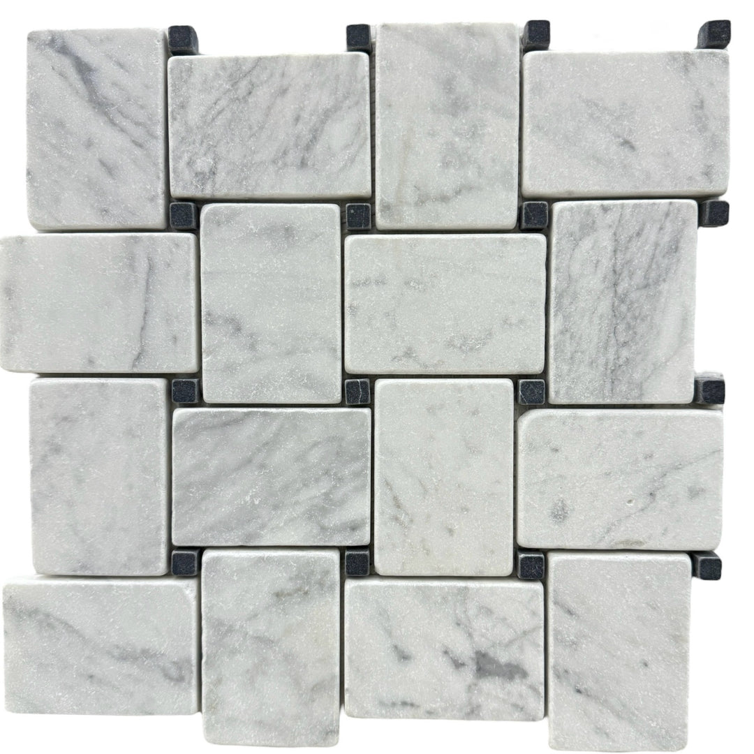 JUMBO BASKETWEAVE CARRARA TUMBLED + NERO DOT CHIP SIZE: 56X80X10MM SHEET SIZE: 278X278 - JUMBO BASKETWEAVE CARRARA TUMBLED -01