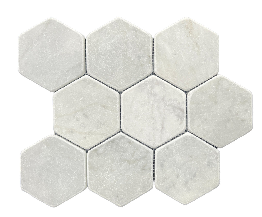 HEXAGON CARRARA TUMBLED CHIP SIZE 98MM SHEET SIZE 298X258X10MM - 98HEXCART