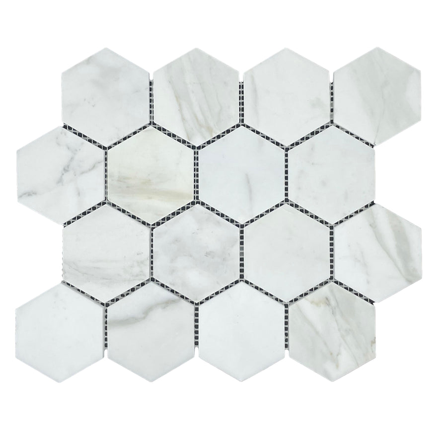 HEXAGON CALACATTA HONED CHIP SIZE 70X80X10MM SHEET SIZE 289X250 - 70HEXCALH -02