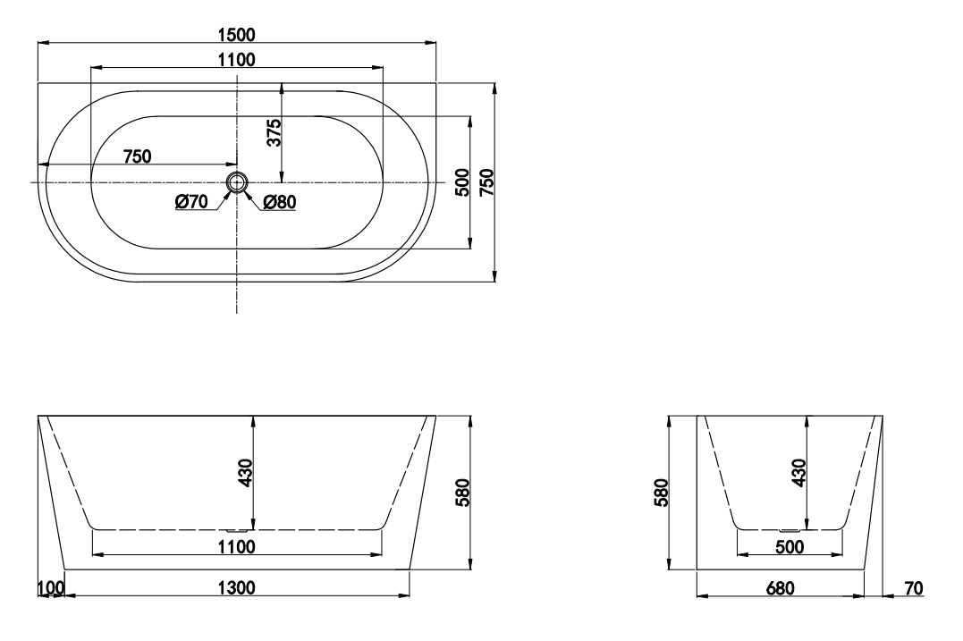 1500x750x580mm Jade Back to Wall Matte White