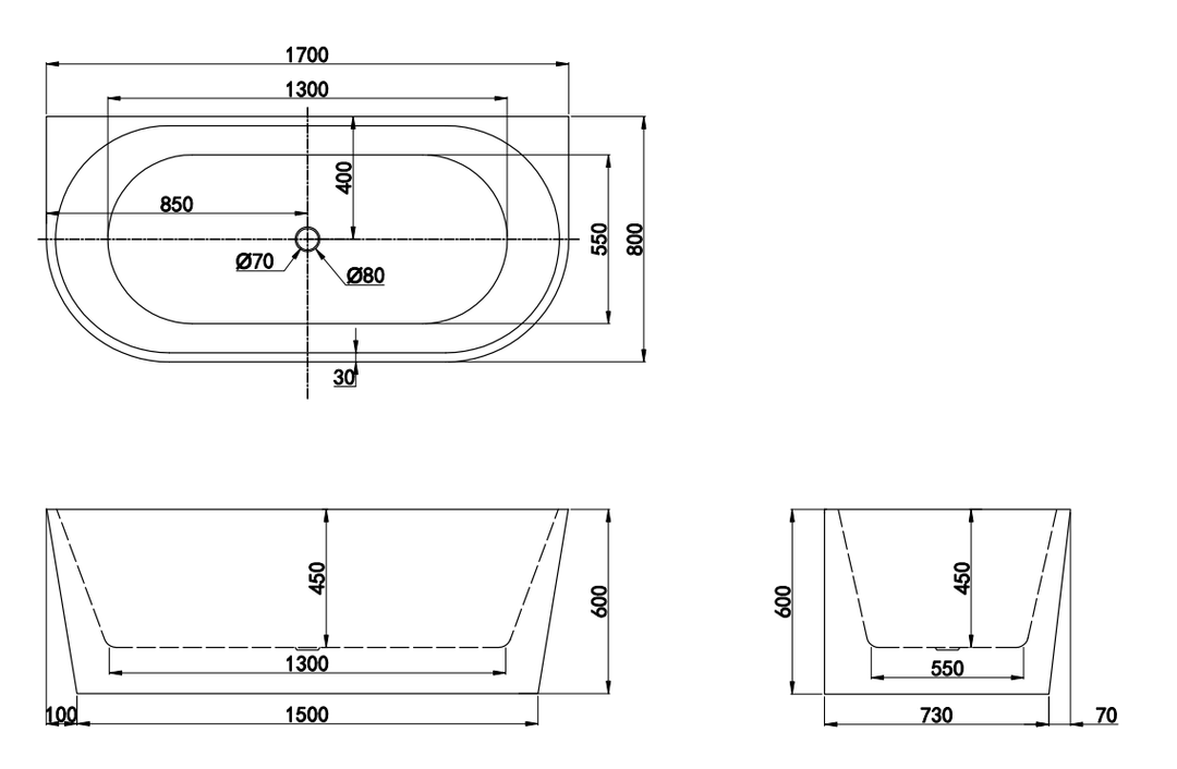 1700x800x600mm Jade Back to wall Matte White