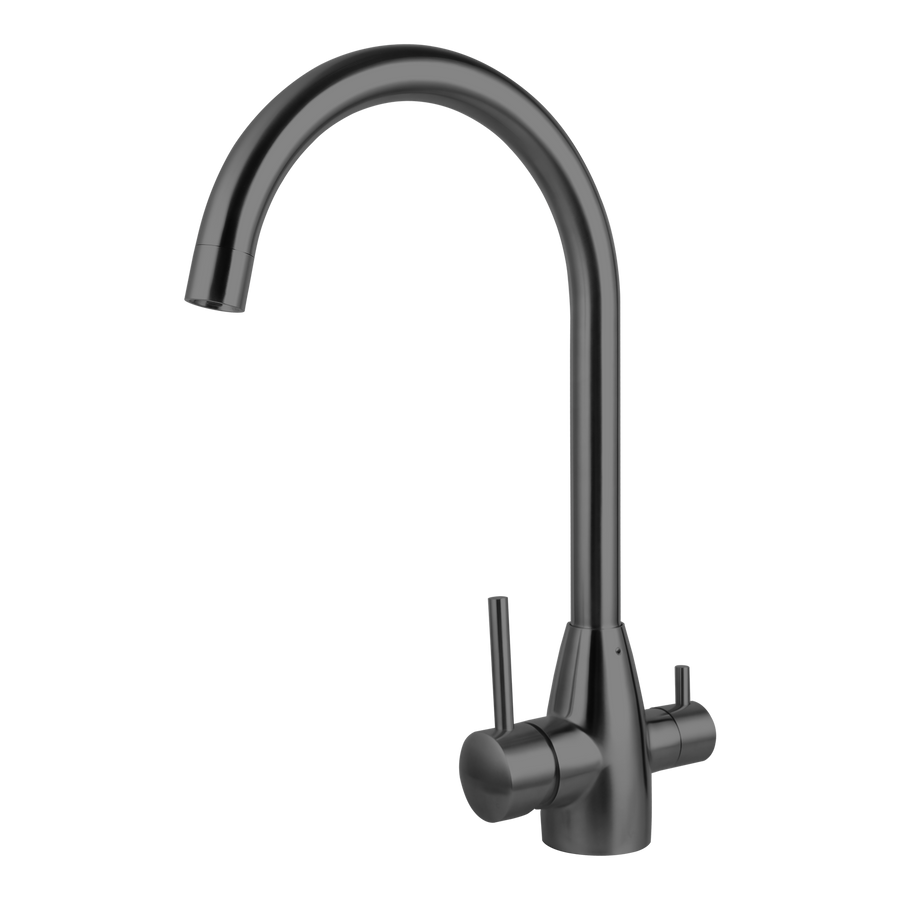 Brushed Gun Metal 3 Way Pure Drinking Water Hot & Cold Swivel Spout Kitchen Mixer