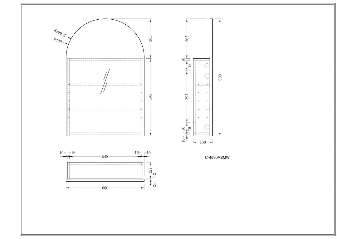 CARYSIL Imperial 450x900mm WALNUT Arch Shaving Cabinet