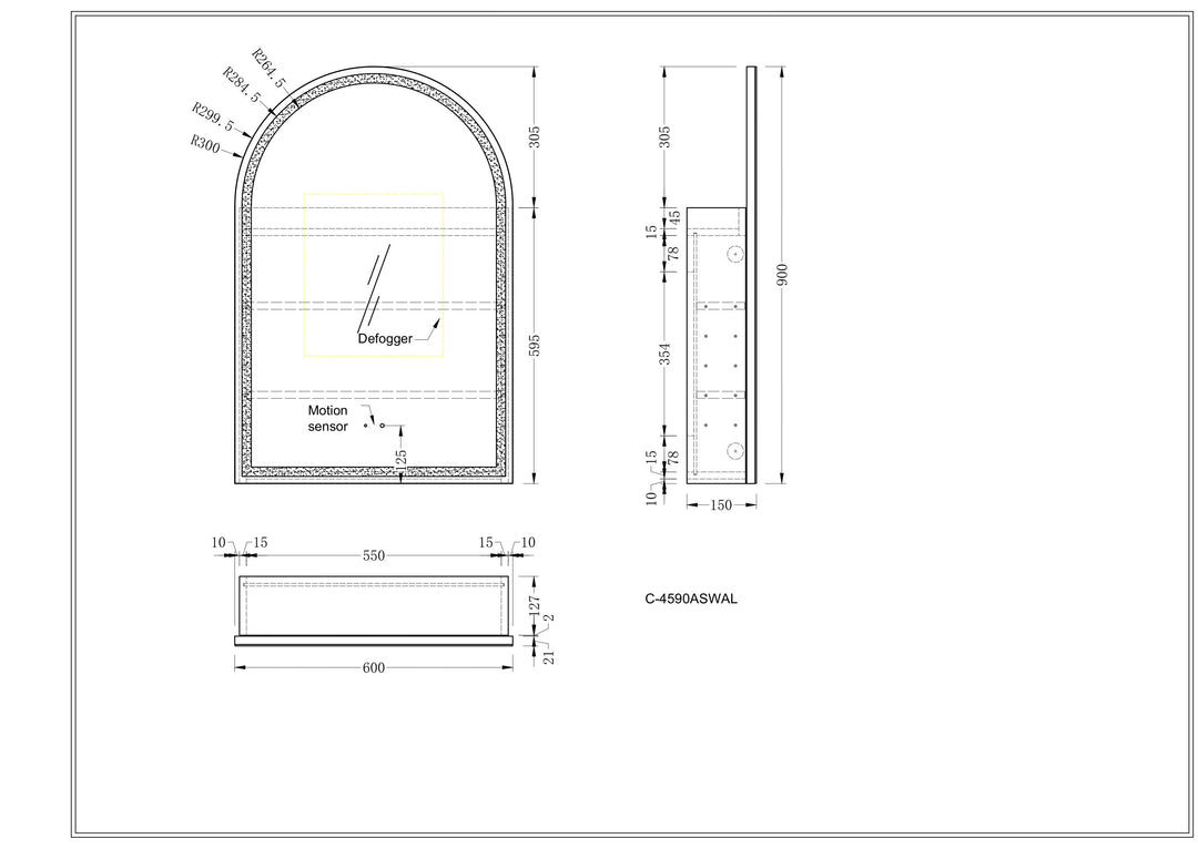 CARYSIL Imperial 450x900mm WALNUT Arch LED Shaving Cabinet