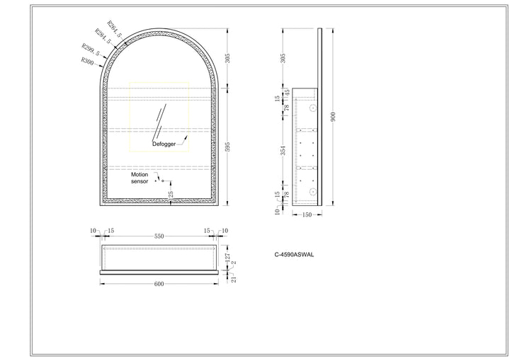 CARYSIL Imperial 450x900mm WALNUT Arch LED Shaving Cabinet