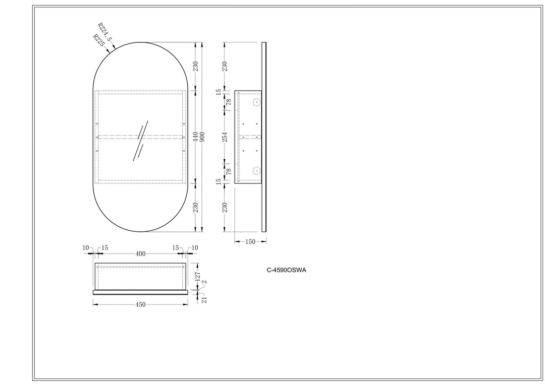 CARYSIL Noble 450x900mm MATTE WHITE Oval Shaving Cabinet