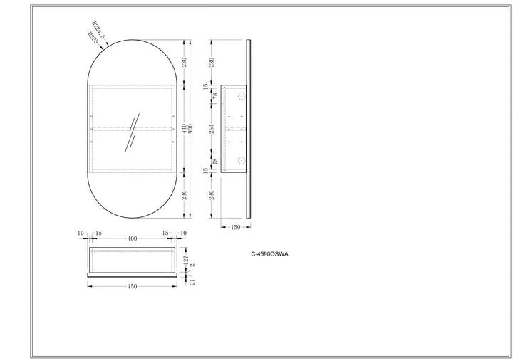 CARYSIL Noble 450x900mm MATTE WHITE Oval Shaving Cabinet