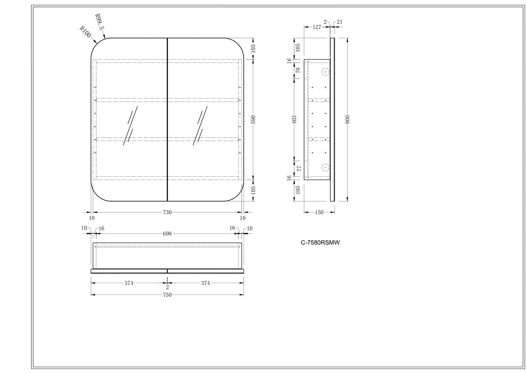 CARYSIL  750x800mm Grand MATTE WHITE Shaving Cabinet