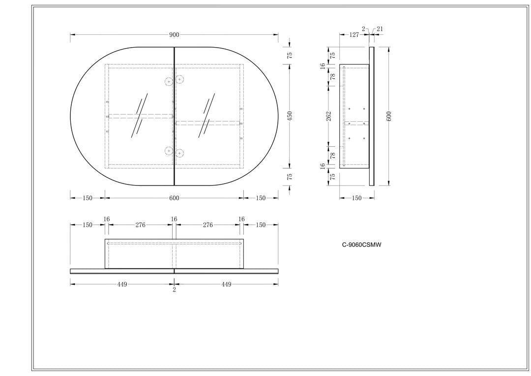 CARYSIL Mystic 900x600mm MATTE WHITE OVAL Shaving Cabinet