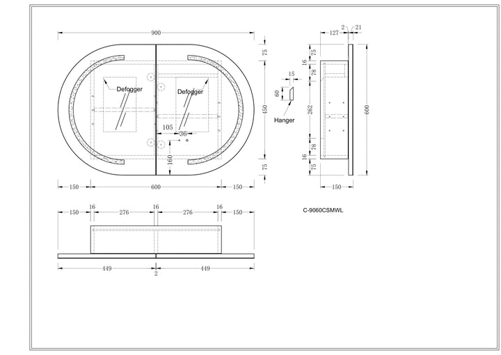 CARYSIL Mystic 900x600mm WALNUT OVAL LED Shaving Cabinet