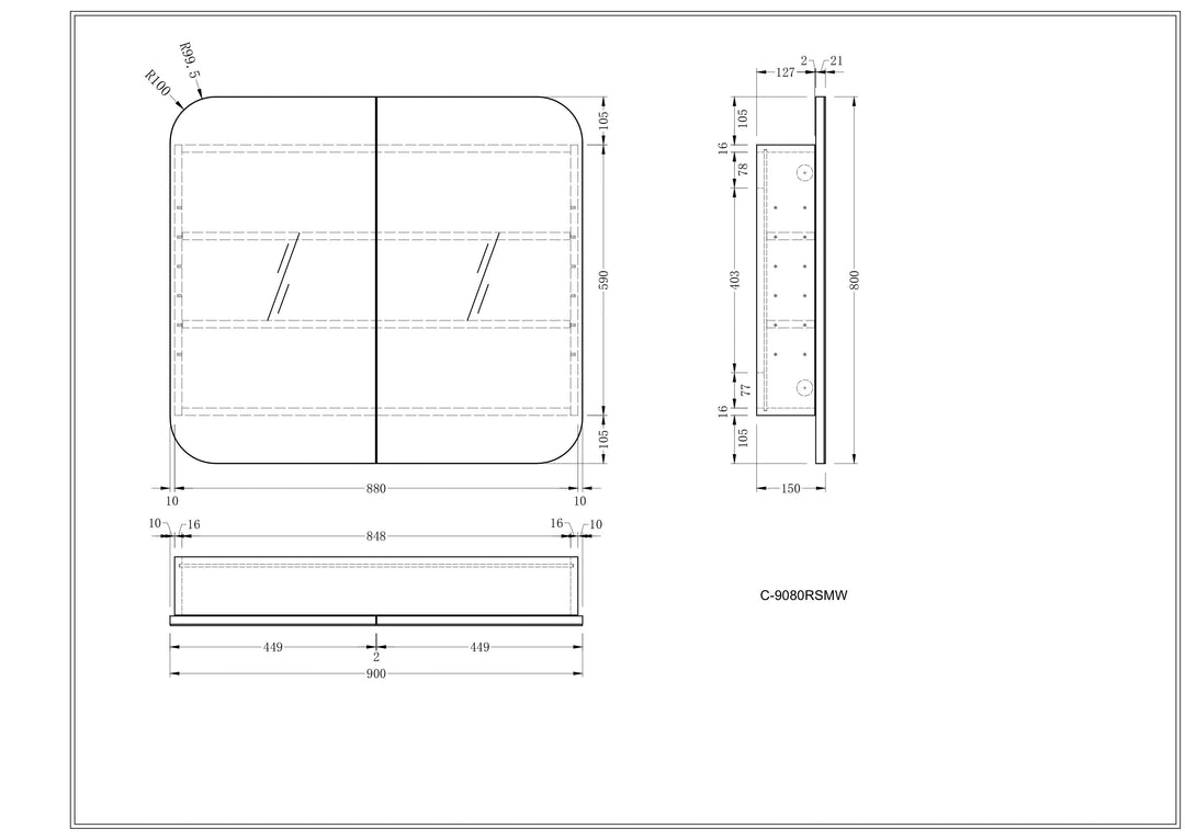 CARYSIL  900x800mm Grand MATTE WHITE Shaving Cabinet