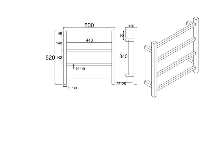 Square Chrome Electric Heated Towel Rack 4 Bars