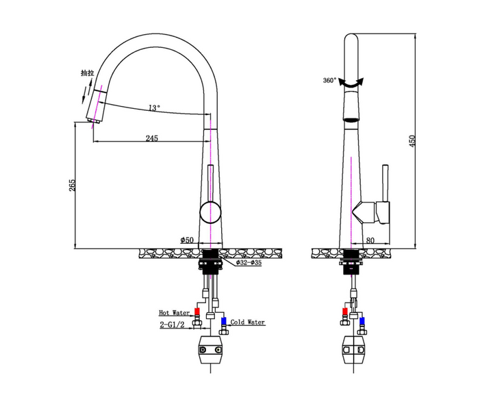 Round Chrome Pull Out Kitchen Sink Mixer Tap