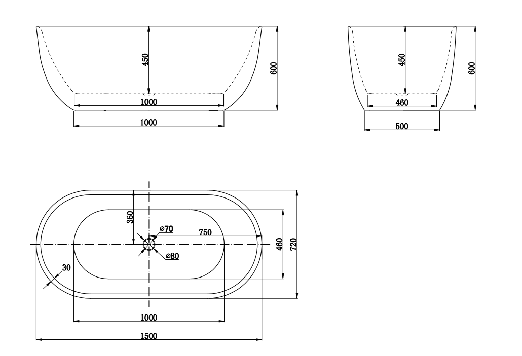 1500x720x600mm Berri Free standing Matte White