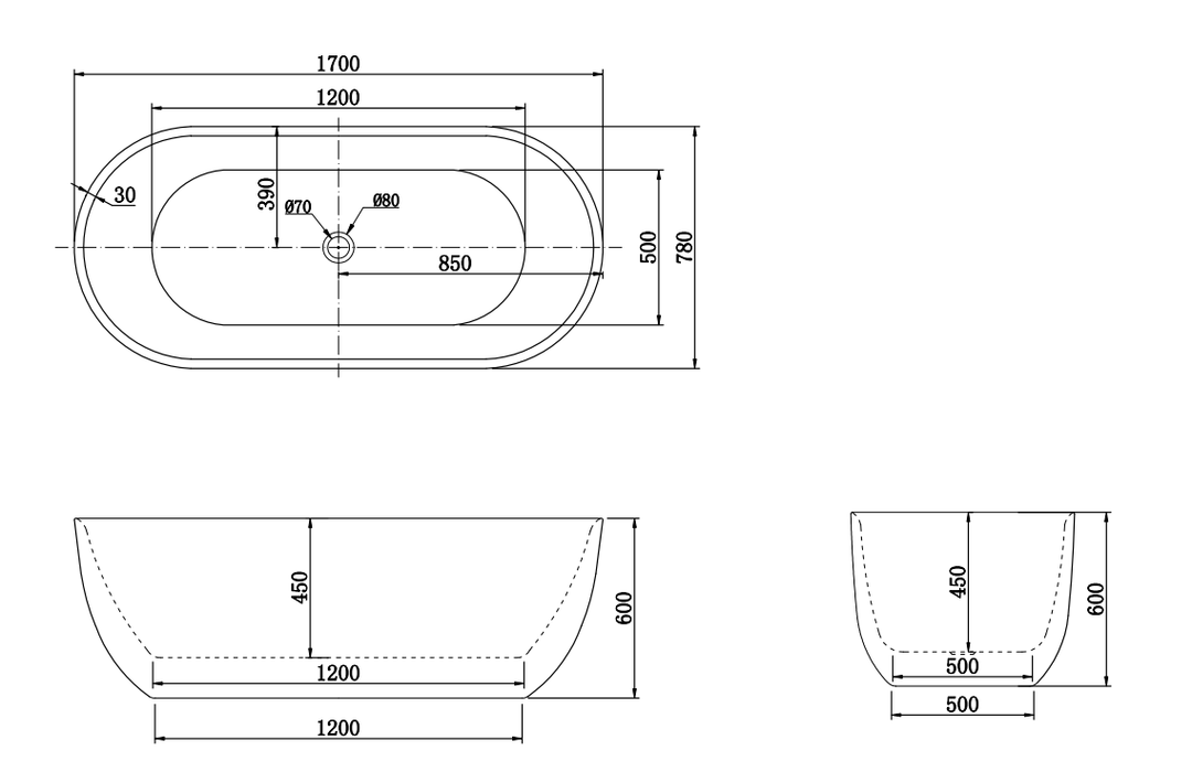 1700x720x600mm Berri Free standing