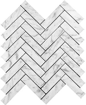 CARRARA MARBLE HERRINGBONE HONED MOSAIC 25X98MM - PT- EV- MMEX-CAR-25100H-HB