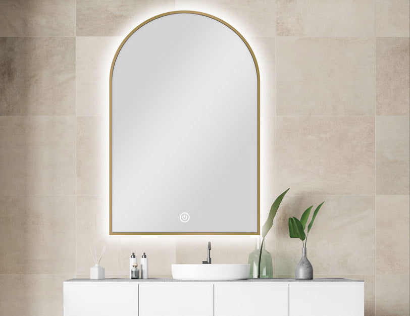 600 X 900 MM ARCHED SHAPE GOLD FRAMED CARYSIL LED MIRROR