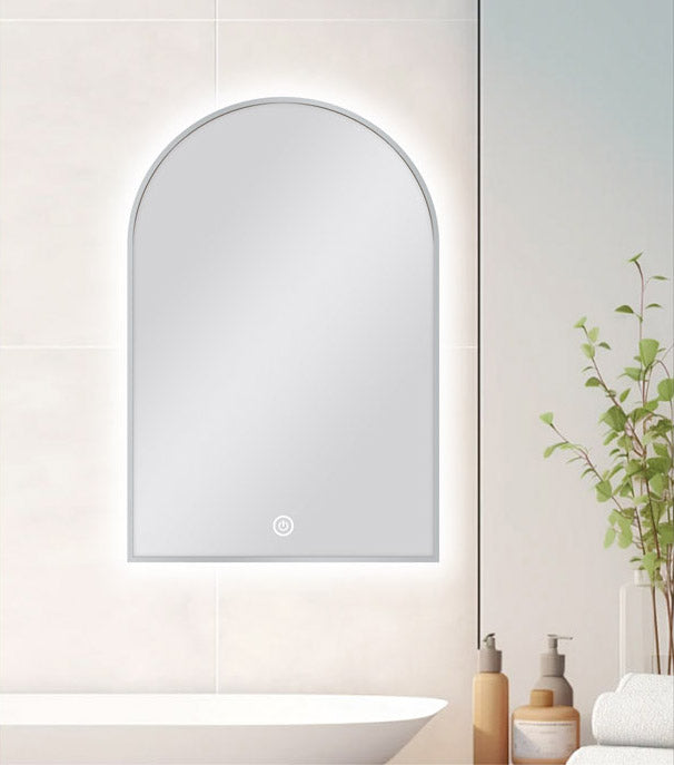 600 X 900 MM ARCHED SHAPE BRUSHED NICKEL FRAMED CARYSIL LED MIRROR