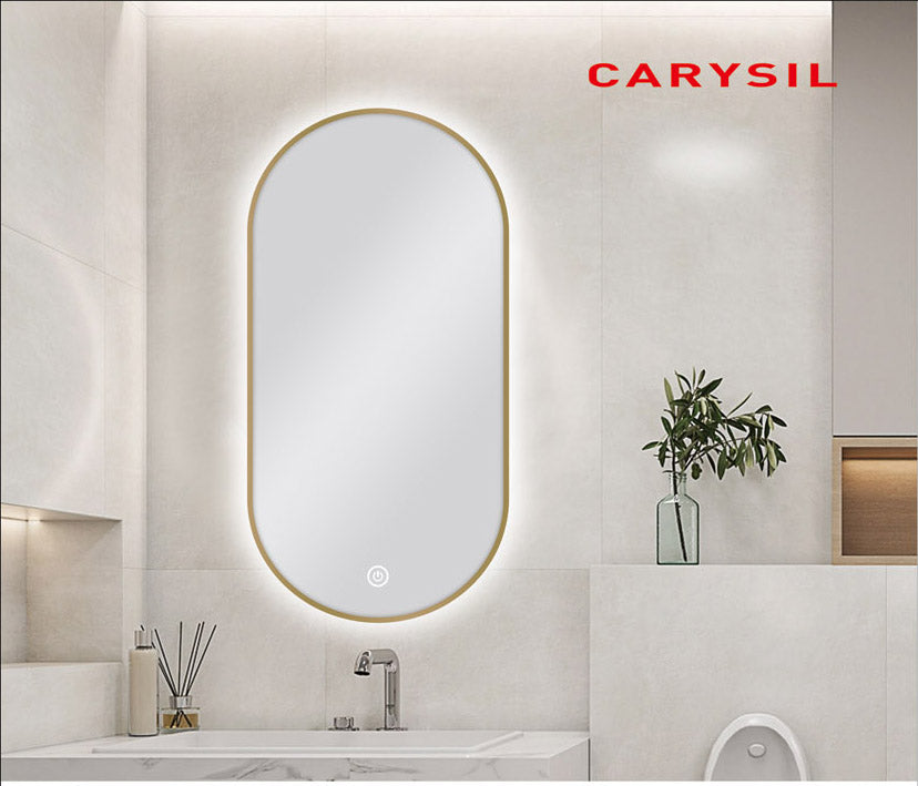 450 X 900MM PILL SHAPE GOLD FRAMED CARYSIL LED MIRROR