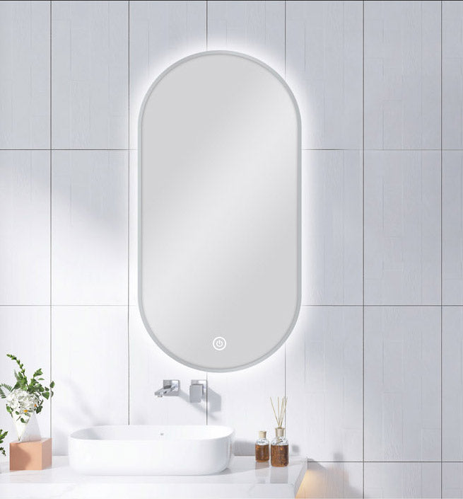 450 X 900MM PILL SHAPE BRUSHED NICKEL FRAMED CARYSIL LED MIRROR