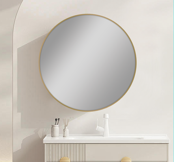 GOLD FRAMED ROUND CARYSIL MIRRORS 600MM