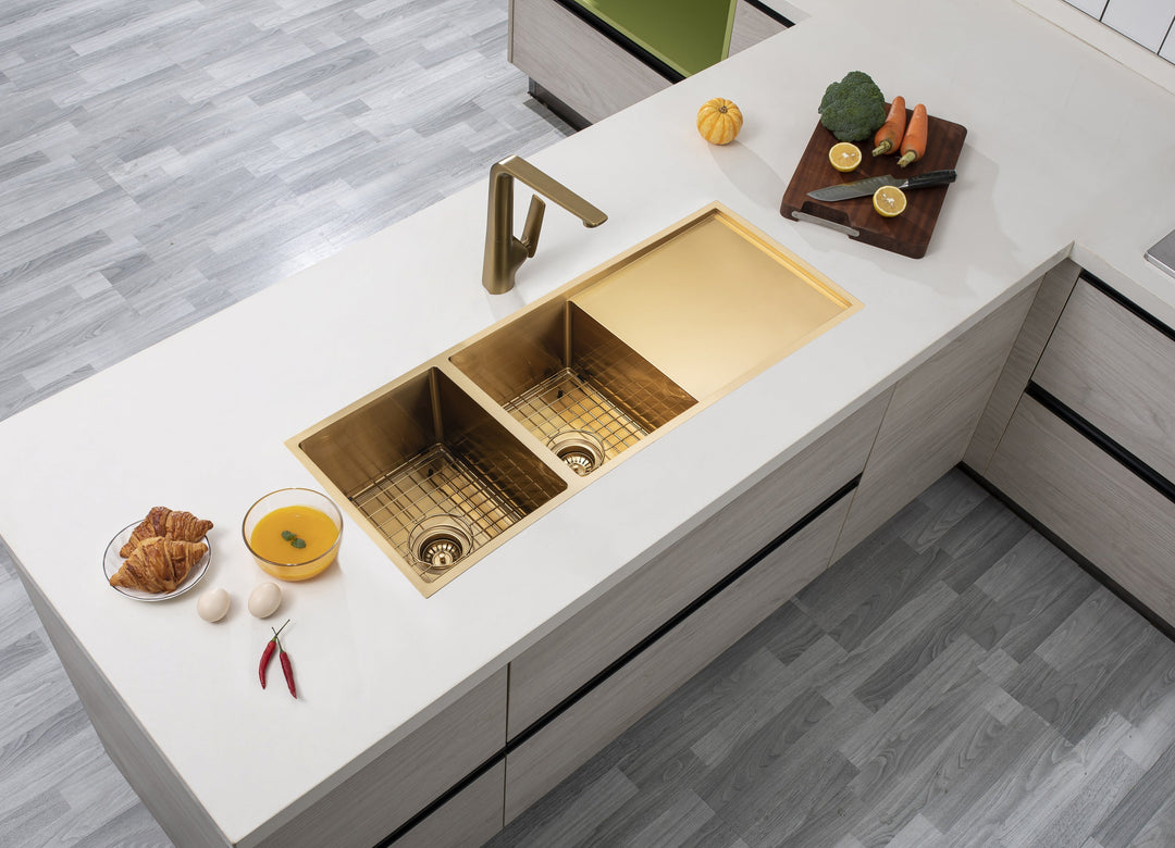 1160x460x230mm Brushed Yellow Gold 1.2mm Handmade Top/Undermount Double Bowls Kitchen Sink