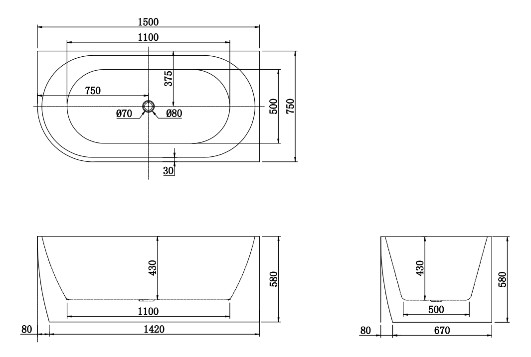 1500x750x580mm Gina Right Corner