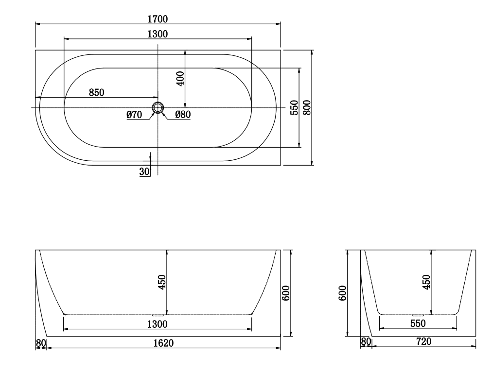 1700x800x600mm Gina Right Corner